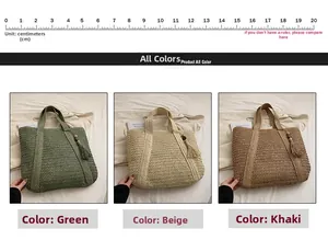 Detailed size chart of large straw woven tote bags in green, beige and khaki colors