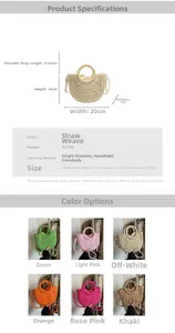 Detailed size guide and specifications for semi-circle straw crossbody bag with dimensions