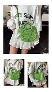 Detailed weave of bright lime green woven straw handbag with drawstring closure detail