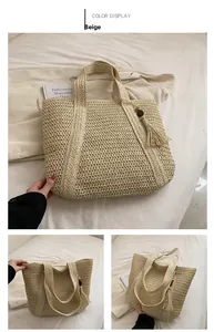 Detailed close-up of beige woven straw tote bag with elegant side tassel and dual straps