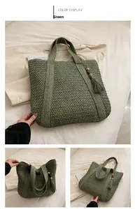 Macro detail of a green woven straw tote bag with elegant tassels and wooden bead accents
