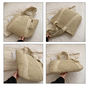 Detail of woven straw tote bag with tassel charm showing four different view angles