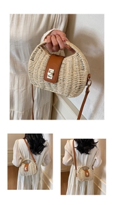 Detail of hand-woven straw bag featuring leather flap, metal lock and crossbody strap