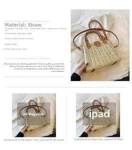 Detail of straw woven bag showing bamboo handle and dimensions 18x25x19x8 cm