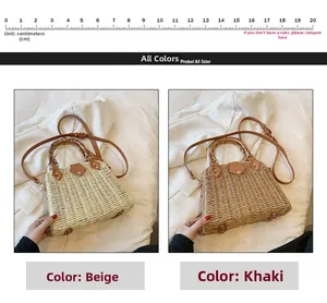 Detail of straw woven handbags with bamboo handles and adjustable straps in beige and khaki