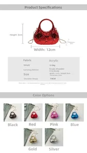 Detailed specs and dimensions of mini acrylic quilted box bag with six metallic colors