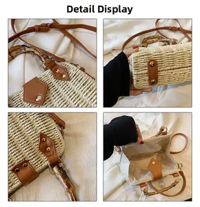 Detailed views of woven straw bag showing bamboo handles, leather strap and inner lining