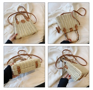 Detail view showing bamboo handles and textured straw weaving of this vacation handbag