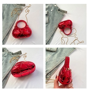 Detailed views of red acrylic evening bag with geometric lattice pattern and gold chain
