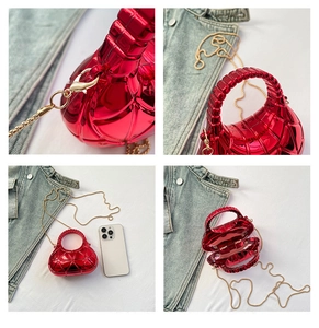 Detailed views of mini red acrylic shell bag with metallic grid texture and gold chain