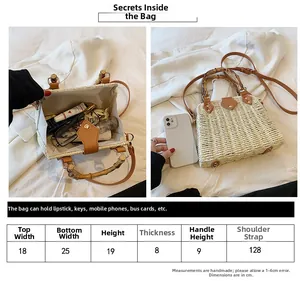 Size chart for straw bag with bamboo handles and dimensions showing internal capacity