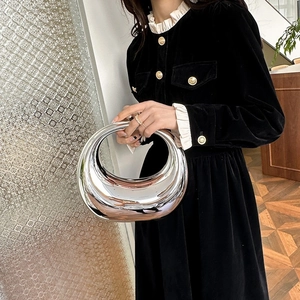 Silver mirror acrylic crescent handbag with rounded top handle for women's evening wear