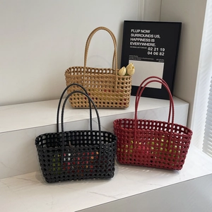 Handmade Woven Tote Bag Hollow Out Grid Shoulder Handbag Large Capacity Casual Beach Basket For Women Fashion