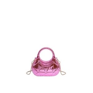 Metallic pink acrylic evening bag with geometric 3D texture and gold chain strap