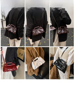 Collage of pleated leather handbag shown in various colors with rigid handle and strap