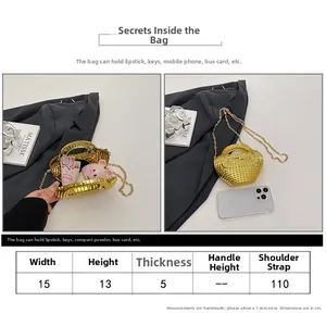 Detailed size chart and capacity display for the gold woven mini crossbody chain bag