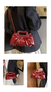 Detailed views of a burgundy glossy pleated tote bag shown in various carrying styles