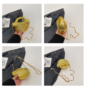 Detailed views of gold woven mini crossbody bag with metallic chain and round handle