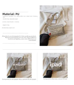 Detail showing small punk style waist bag with silver rivets and size measurements