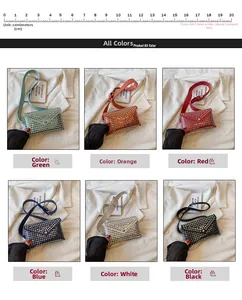 Detailed grid view of studded mini phone waist bags in six vibrant colors with scale