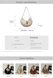 Detailed size chart and multi-color specifications for the knit horn buckle handbag