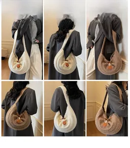 Collage of knit hobo bags with horn button detail shown from multiple angles