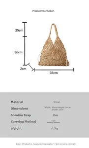 Size chart for handmade woven shoulder bag with dimensions and material specifications
