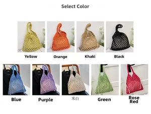Colorful handmade crochet tote bags in nine vibrant colors with hollow knit design