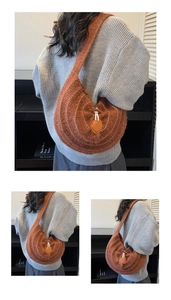 Detailed knit pattern on caramel crochet shoulder bag with vintage wooden button closure