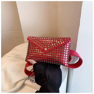 Detail of red punk waist bag with silver rivets and triangular envelope flap closure