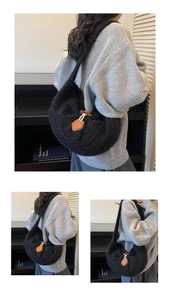 Detail of black faux fur hobo bag with toggle closure and textured knit fabric
