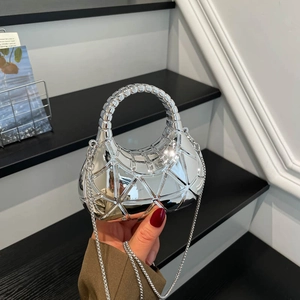 Silver mirror acrylic mini clutch bag with geometric triangle texture and metal chain