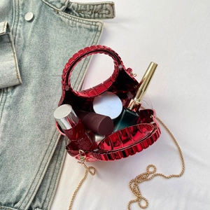 Shell-shaped red acrylic box clutch bag with gold chain and round handle for evening