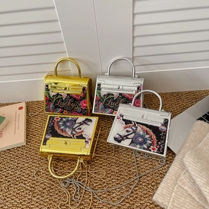 Acrylic Mini Evening Bag Floral Horse Printed Metallic Crossbody Bag With Chain Strap Elegant Party Purse