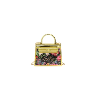 Mini gold acrylic crossbody evening bag with floral butterfly prints and chain strap