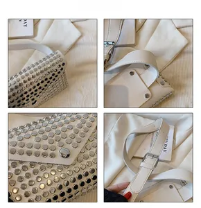 Detailed views of a beige punk style waist bag with silver rivets and metallic buckle