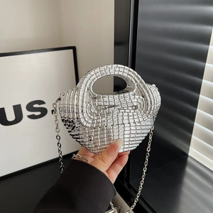 Silver beaded acrylic woven handbag with metal chain strap for women shoulder crossbody use