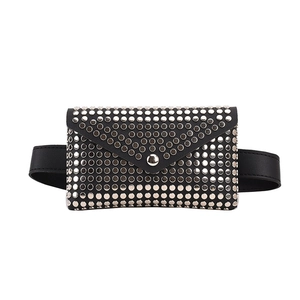 Punk style black faux leather waist bag with silver metal studs and snap closure