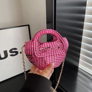 Mini metallic rose pink woven beaded handbag with a gold chain strap for women