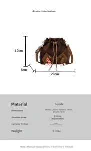 Sac seau en daim marron avec décorations et dimensions détaillées 20x19x8cm
