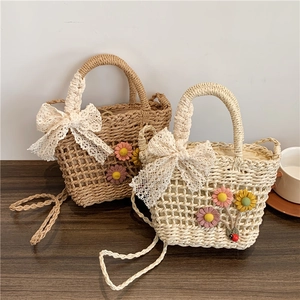 Women Woven Straw Crossbody Bag Lace Bow Flower Decor Summer Beach Vacation Handbag Paper Straw Top Handle Shoulder Bag