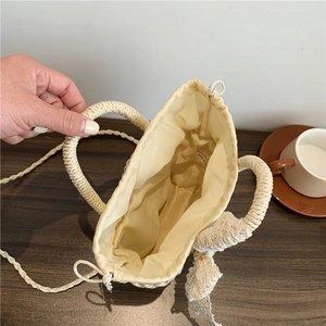 Borsa a tracolla in paglia con fodera a coulisse e fiocco in pizzo per ragazze