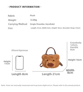 Size comparison of plush bear handbag with iPhone 16 Pro Max and product dimensions