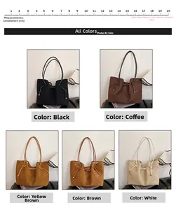 Detail view of suede tote bags in various colors with decorative drawstrings and beads