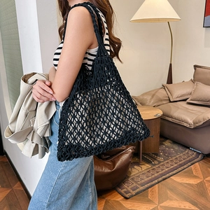 Handmade black woven cotton rope tote bag with mesh design for casual summer shoulder wear