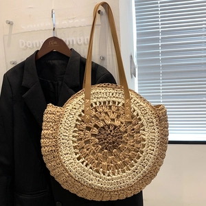 Large Round Woven Shoulder Bag Straw Handwoven Tote Summer Beach Bohemian Casual Purse With PU Leather Straps For Women
