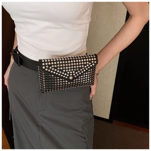 Black punk style waist phone bag with silver rivets and matching belt accessory