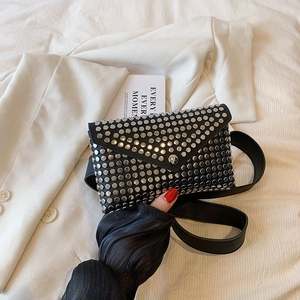 Chic black mini punk waist bag with silver rivets and envelope flap on leather belt