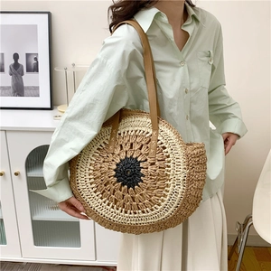Large circular woven straw shoulder bag with multi-color pattern for summer beach style