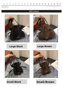 Detail view of fashion drawstring bucket bags in large and small sizes with chain straps